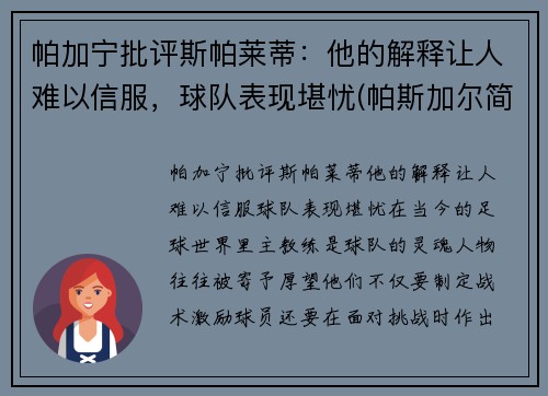 帕加宁批评斯帕莱蒂：他的解释让人难以信服，球队表现堪忧(帕斯加尔简介)