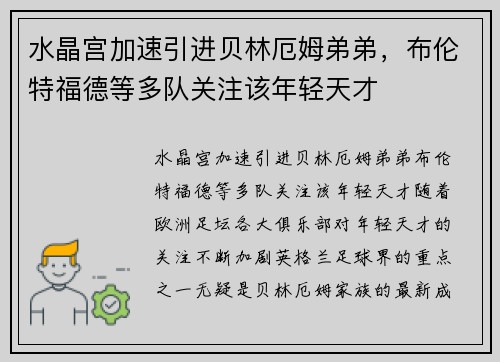 水晶宫加速引进贝林厄姆弟弟，布伦特福德等多队关注该年轻天才