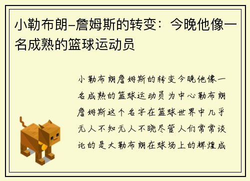 小勒布朗-詹姆斯的转变：今晚他像一名成熟的篮球运动员